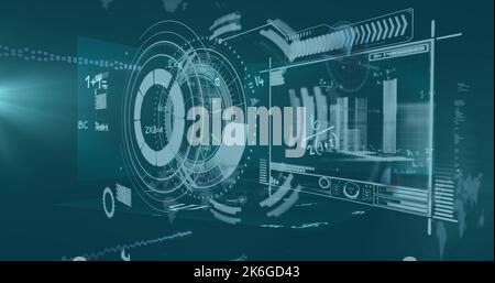 Abbildung der digitalen Schnittstelle und Datenverarbeitung auf blauem Hintergrund Stockfoto