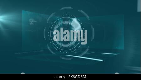 Abbildung der digitalen Schnittstelle und Datenverarbeitung auf blauem Hintergrund Stockfoto