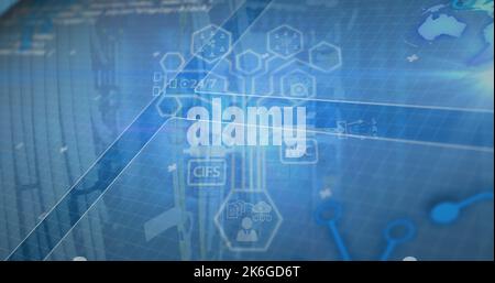 Abbildung der digitalen Schnittstelle und Datenverarbeitung auf blauem Hintergrund Stockfoto