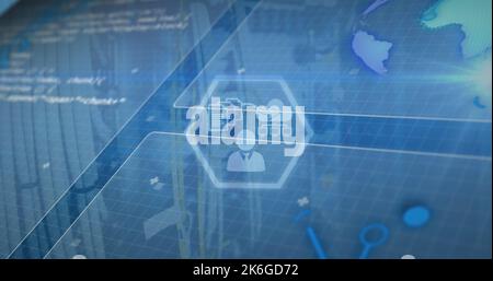 Abbildung der digitalen Schnittstelle und Datenverarbeitung auf blauem Hintergrund Stockfoto