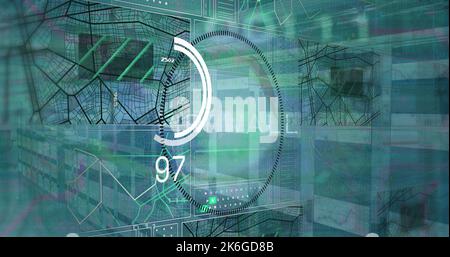 Abbildung der digitalen Schnittstelle und Datenverarbeitung auf blauem Hintergrund Stockfoto