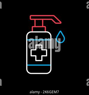 Waschen der Hand mit Desinfektionsmittel Flüssigseife Vektor flach Symbol auf schwarzem Hintergrund. Coronavirus. Graph Symbol für medizinische Website und Apps Design, Logo, AP Stock Vektor