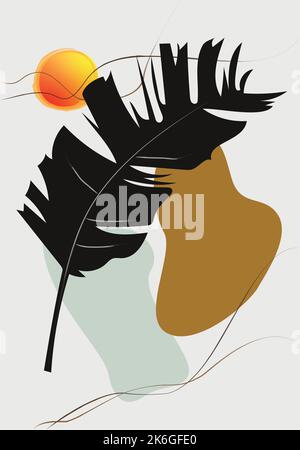 Eine Illustration eines abstrakten botanischen Wanddekors mit tropischen Pflanzen auf weißem Hintergrund Stock Vektor