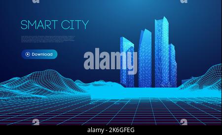 Smart City abstrakte Illustration blauen Hintergrund in Low-Poly-Stil. Globale Verbindung zu sozialen Netzwerken. Datensicherheit 3d-Vektor-Hintergrund. Stock Vektor
