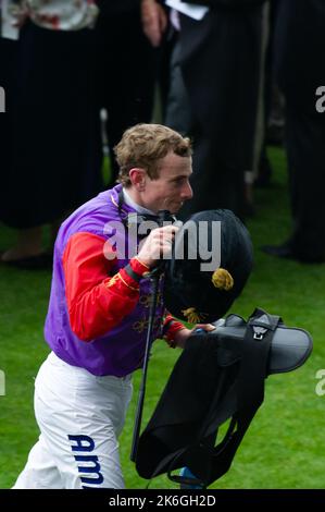 Ascot, Bergen, Großbritannien. 20.. Juni 2013. Jockey Ryan Moore nach dem Gewinn des Gold Cup auf dem Pferd Estimate Ihrer Majestät der Königin. Dies war ein historischer Tag, da es das erste Mal war, dass ein regierender Monarch den Gold Cup gewonnen hatte. Die Schätzung wurde von Jockey Ryan Moore geritten. Königin Elizabeth II. War wegen der Präsentation für den Gold Cup, aber ihr Sohn, der Herzog von York, führte die Präsentation stattdessen. Ausgabedatum: 14.. Oktober 2022. Quelle: Maureen McLean/Alamy Stockfoto