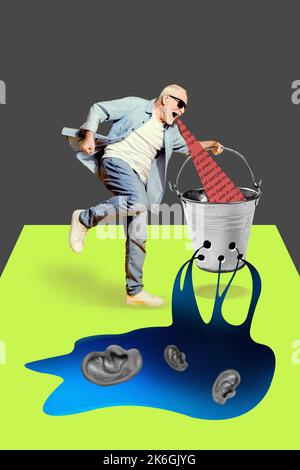 Collage 3D Bild von Pinup Pop retro Skizze von lustig funky Kerl falsche Nachrichten Übelkeit Eimer isoliert Malerei Hintergrund Stockfoto