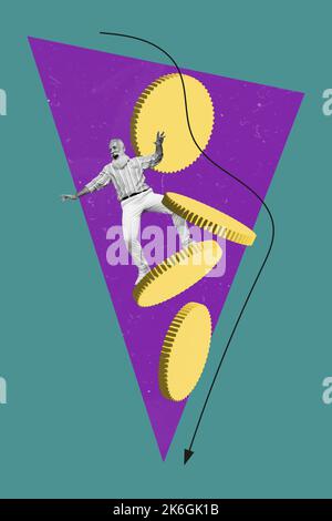 Exklusive Magazin Bild Skizze Bild von beeindruckt alten Kerl fallen nach unten große Münze isoliert Malerei Hintergrund Stockfoto