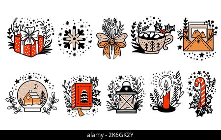 Set von verschiedenen weihnachten Linie Kunst Doodle Symbole. Farbenfrohe, isolierte Vektorgrafik, weißer Hintergrund. Für Grußkarten, Druck, Design, Poster Stock Vektor