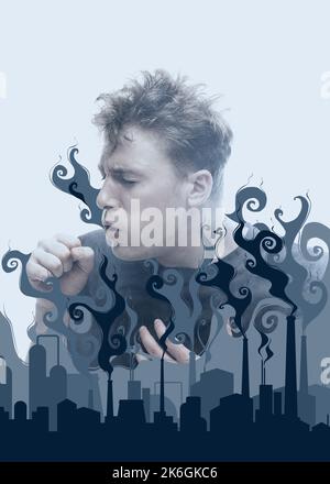 Ersticken Sie im Rauch. Verängstigte junge Mann mit gestressten Emotionen isoliert über weißem Hintergrund mit Wolken aus Rauch. Konzept des Gesichtsausdrucks Stockfoto