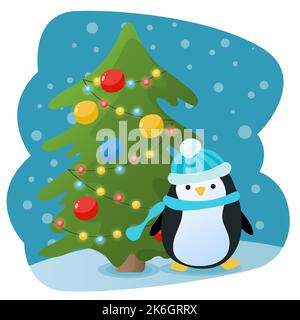 Cartoon Pinguin steht in der Nähe Weihnachtsbaum. Niedliche Weihnachten saisonale Illustration in flachen Cartoon-Stil. Vektorgrafik. Stock Vektor
