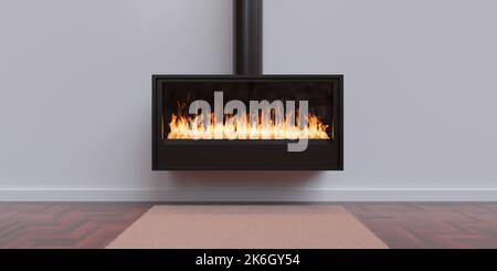 Brennender Kamin, gemütliches Zuhause innen. Kamin, freistehender Gasherd, modernes Wohnzimmer. 3D Rendern Stockfoto