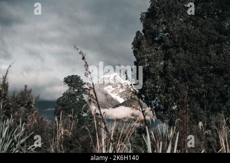 Beeindruckende Landschaft der imposanten schneebedeckten Berge unter den Bäumen des grünen Waldes unter der Ruhe eines Himmels von grauen Wolken und Sturm, neu Stockfoto