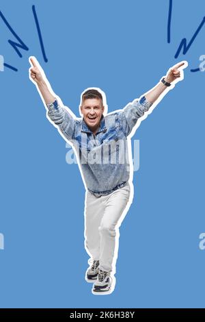 Junger Mann in Denim-Kleidung springen und tanzen. Stockfoto