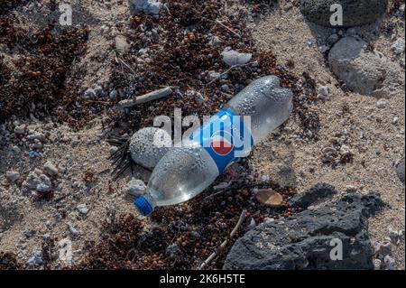 Müll und Plastik wurden am Souillac Beach, Mauritius, gespült Stockfoto