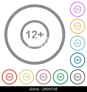 Erlaubt ab 12 Jahren nur flache Farbsymbole in runden Umrissen auf weißem Hintergrund Stock Vektor
