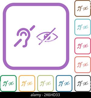 Symbole für Hör- und Sehbehinderte Einfache Symbole in farbigen abgerundeten quadratischen Rahmen auf weißem Hintergrund Stock Vektor