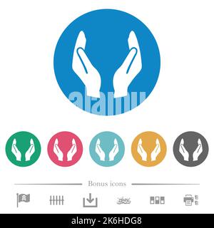 Leere Schutzhände durchgehend flache weiße Symbole auf runden farbigen Hintergründen. 6 Bonus-Symbole enthalten. Stock Vektor