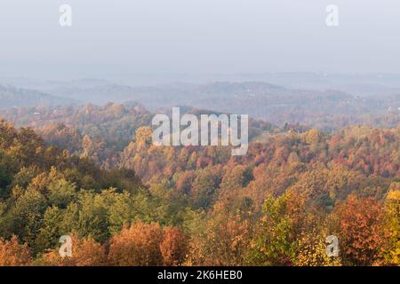 Hügelige Dorflandschaft mit üppigen Wäldern in Herbstfarben, Morgennebel in der Ferne Stockfoto