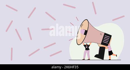 Gruppe Von Personen, Die Ihre Megaphone Halten, Sprechen Und Ideen Miteinander Teilen, Um Chat Cloud. Mob Line Drawing Neue Ankündigung Bei Stock Vektor