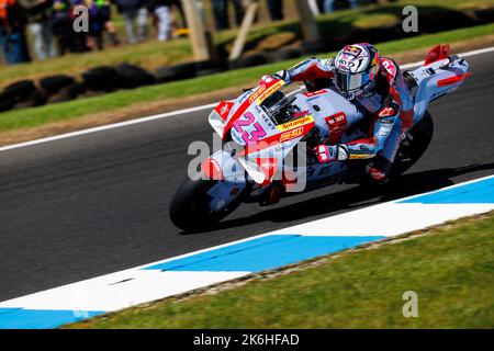 14.. Oktober 2022; Phillip Island Grand Prix Circuit, Melbourne, Victoria, Australien: MotGP von Australien, Freies Training und Qualifying-Tag: Gresini Rennfahrer Enea Bastianini während des freien Trainings 2 beim australischen MotoGP Stockfoto