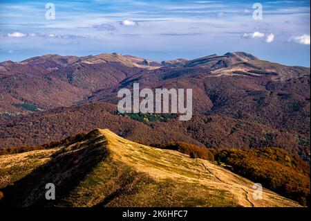 Herbstliche Farben in den Bergen. Nationalpark Bieszczady, Karpaten, Polen. Stockfoto