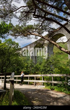 Das Glenfinnan Viadukt ist eine Eisenbahn auf der West Highland Line, die sich an der Spitze des Loch Shield in den West Scottish Highlands befindet Stockfoto
