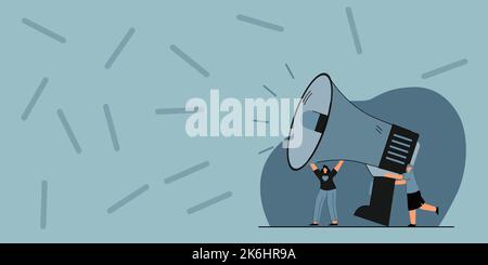 Gruppe Von Personen, Die Ihre Megaphone Halten, Sprechen Und Ideen Miteinander Teilen, Um Chat Cloud. Mob Line Drawing Neue Ankündigung Bei Stock Vektor