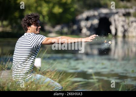 Ein Mann füttert Schwäne Stockfoto