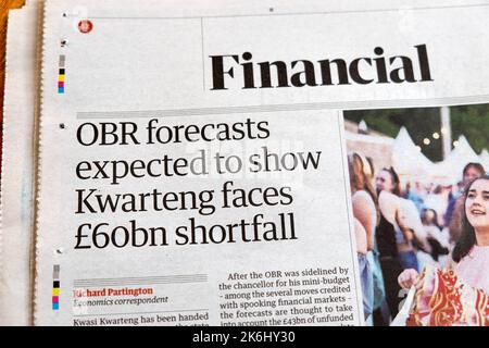 „Die Prognosen der OBR werden zeigen, dass Kwarteng mit einem Defizit von 60bn £konfrontiert wird“, titelte die Zeitung Guardian mit der britischen Wirtschaftsumstellung 8. Oktober 2022 London UK Stockfoto