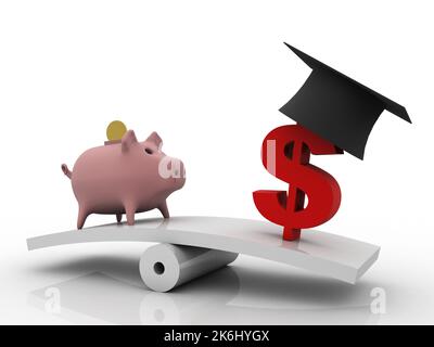 3D Rendering Graduate Cap usd Dollar Symbol balancing Piggy Münze Bank Stockfoto