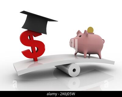 3D Rendering Graduate Cap usd Dollar Symbol balancing Piggy Münze Bank Stockfoto