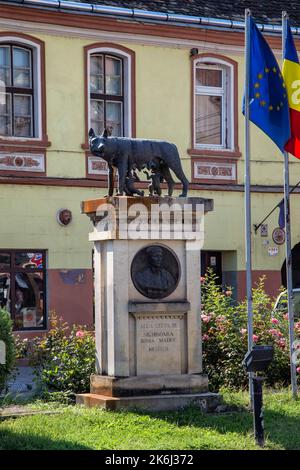 SIGHISOARA, MURES, RUMÄNIEN - 08. AUGUST 2018: Statue des Kapitolinischen Wolfes mit Romulus und Remus în das historische Zentrum von Sighisoara Stockfoto