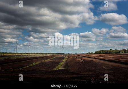 Industrielle Torfgewinnung auf Torfmooren in den Midlands von Irland. Das gehört nun fast der Vergangenheit an, alle mit Rasen befeuerten Kraftwerke sind geschlossen. Stockfoto