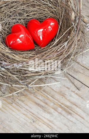 Zwei rote Herzen in einem Vogelnest auf Holzbrett Stockfoto