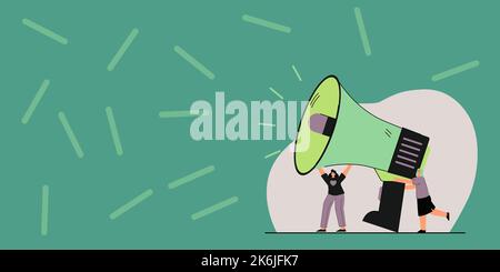 Gruppe Von Personen, Die Ihre Megaphone Halten, Sprechen Und Ideen Miteinander Teilen, Um Chat Cloud. Mob Line Drawing Neue Ankündigung Bei Stock Vektor