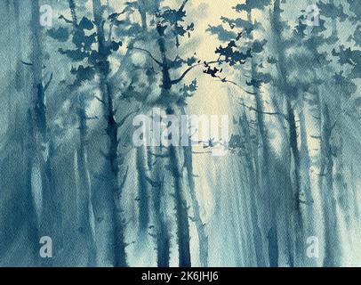 Kiefernwald im Nebel Aquarell Hintergrund Stockfoto