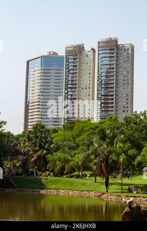 Goiânia, Goias, Brasilien – 09. Oktober 2022: Einige Wohngebäude mit mehreren brasilianischen Fahnen an den Fenstern zwischen Bäumen in einem Park. Stockfoto