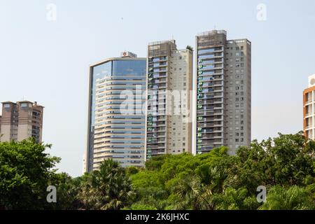 Goiânia, Goias, Brasilien – 09. Oktober 2022: Einige Wohngebäude mit mehreren brasilianischen Fahnen an den Fenstern zwischen Bäumen in einem Park. Stockfoto