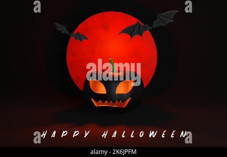 Halloween Grußdesign. Happy halloween Text mit Kürbis, Halloween Promotion Poster oder Banner Vorlage mit halloween Kürbis und Halloween eleme Stockfoto