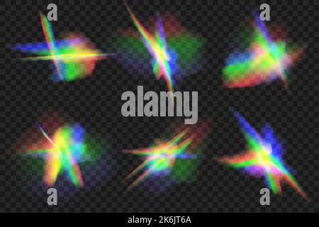 Kristall und Schmuck, Prisma, Blendung. Regenbogen glühenden funkelt Vektor-Set.realistische Diamant Reflexion, Regenbogen Licht optischen Effekt bunte Sammlung Stock Vektor