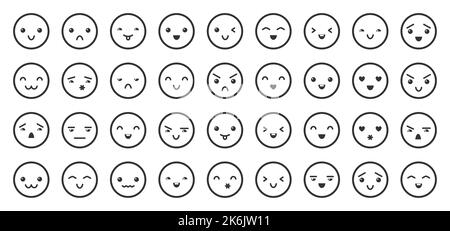 Emoji zeigt schwarze Linien, Symbol gesetzt. Cartoon Emoticon Kreis Avatar mit verschiedenen lustigen Emotionen. Comic emotionale Gesichtsausdrücke. Fröhliches, glückliches Lachen, wütender, trauriger Schrei, Liebeskuss, fröhliche Emoticons Stock Vektor