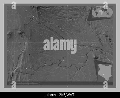 Kiambu, Grafschaft Kenia. Höhenkarte in Graustufen mit Seen und Flüssen. Standorte der wichtigsten Städte der Region. Karten für zusätzliche Eckposition Stockfoto