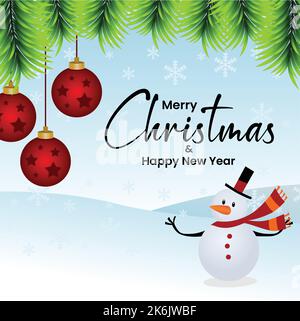 Weihnachts-Grußkarte Illustration mit Schneemann-Objekt, Schneefall als Hintergrund, drei Kugel-Ornamente und Tannenbaum-Blätter. Stock Vektor