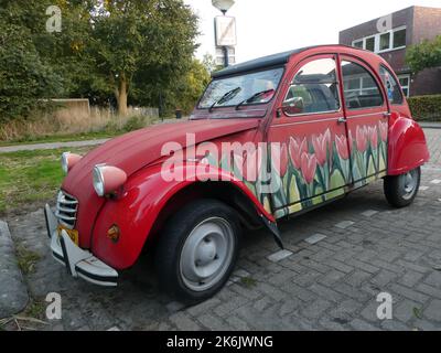 Harlingen, Niederlande Oktober 10 2022 - Ein niedlicher Oldtimer: Citroën 2CV oder deux chevaux in rot mit Tulpen bemalt Stockfoto
