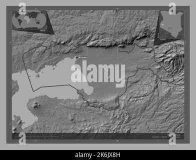 Kisumu, Grafschaft Kenia. Bilevel-Höhenkarte mit Seen und Flüssen. Orte und Namen der wichtigsten Städte der Region. Karte für zusätzliche Eckposition Stockfoto