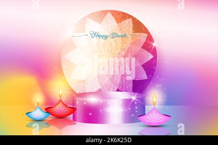 Happy Diwali 3D Vektor-Illustration der Podestbühne mit indischen Diwali Diya Öllampen, farbenfrohe grafische indische Symbole auf einer runden leeren Karte Stock Vektor