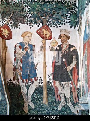 Manta Castle, Manta, Saluzzo, Piemont, Italien. Fresko (1420) im Baronial Hall. Hector und Alexander der große. Stockfoto