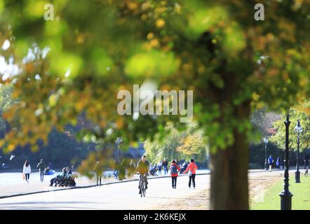 Herbstfarben und warmes Wetter durch das Serpentine im Hyde Park, in London, Großbritannien Stockfoto