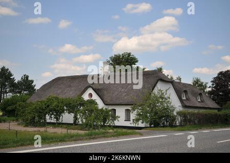 BILLUM, DÄNEMARK- 28/JUNI/2010: Altes traditionelles dänisches Landhaus mit Strohdach in Dänemark Stockfoto