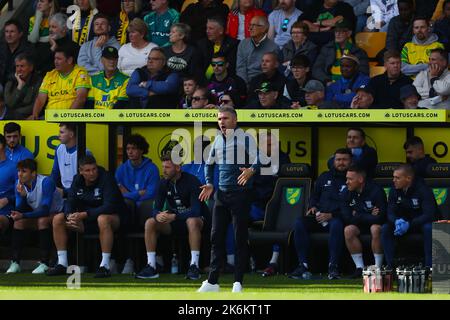 Manager von Preston North End, Ryan Lowe - Norwich City / Preston North End, Sky Bet Championship, Carrow Road, Norwich, Großbritannien - 8.. Oktober 2022 nur zur redaktionellen Verwendung – es gelten DataCo-Beschränkungen Stockfoto